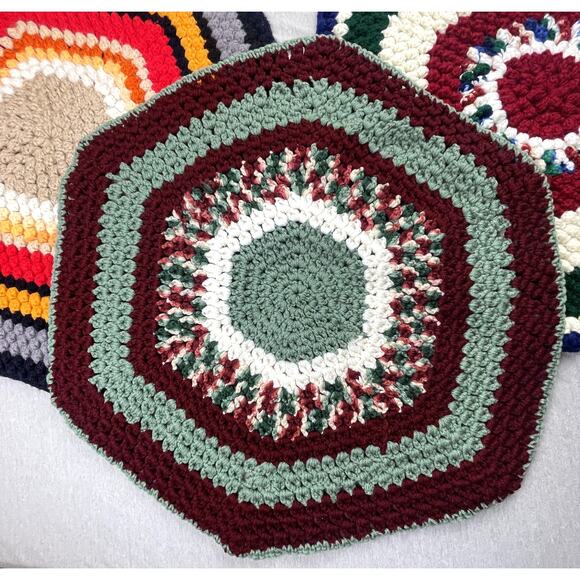 3 Handmade Multi-Color Brown Green Crochet Hexagon Afghan Area Chair Rugs - Picture 2 of 7